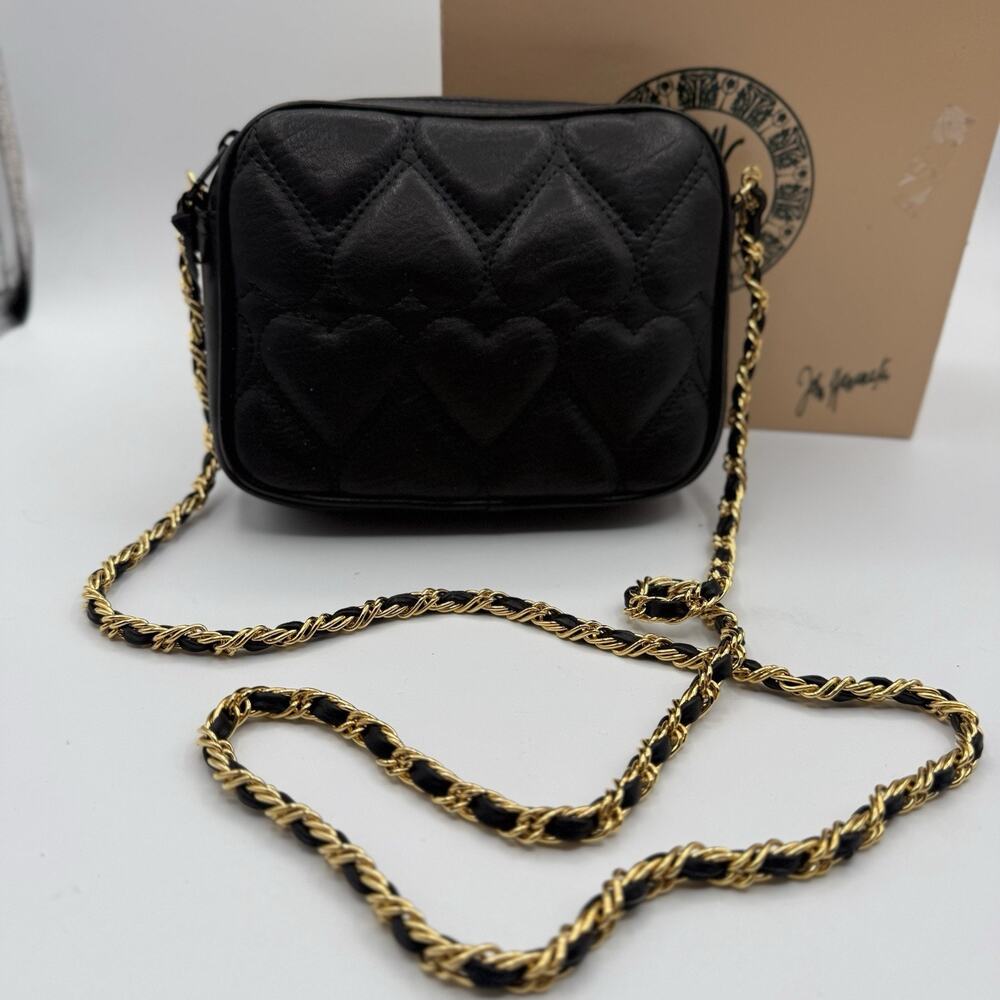 John Wanamaker Black Leather Quilted Heart Crossbody Bag Gold Chain Korea Box